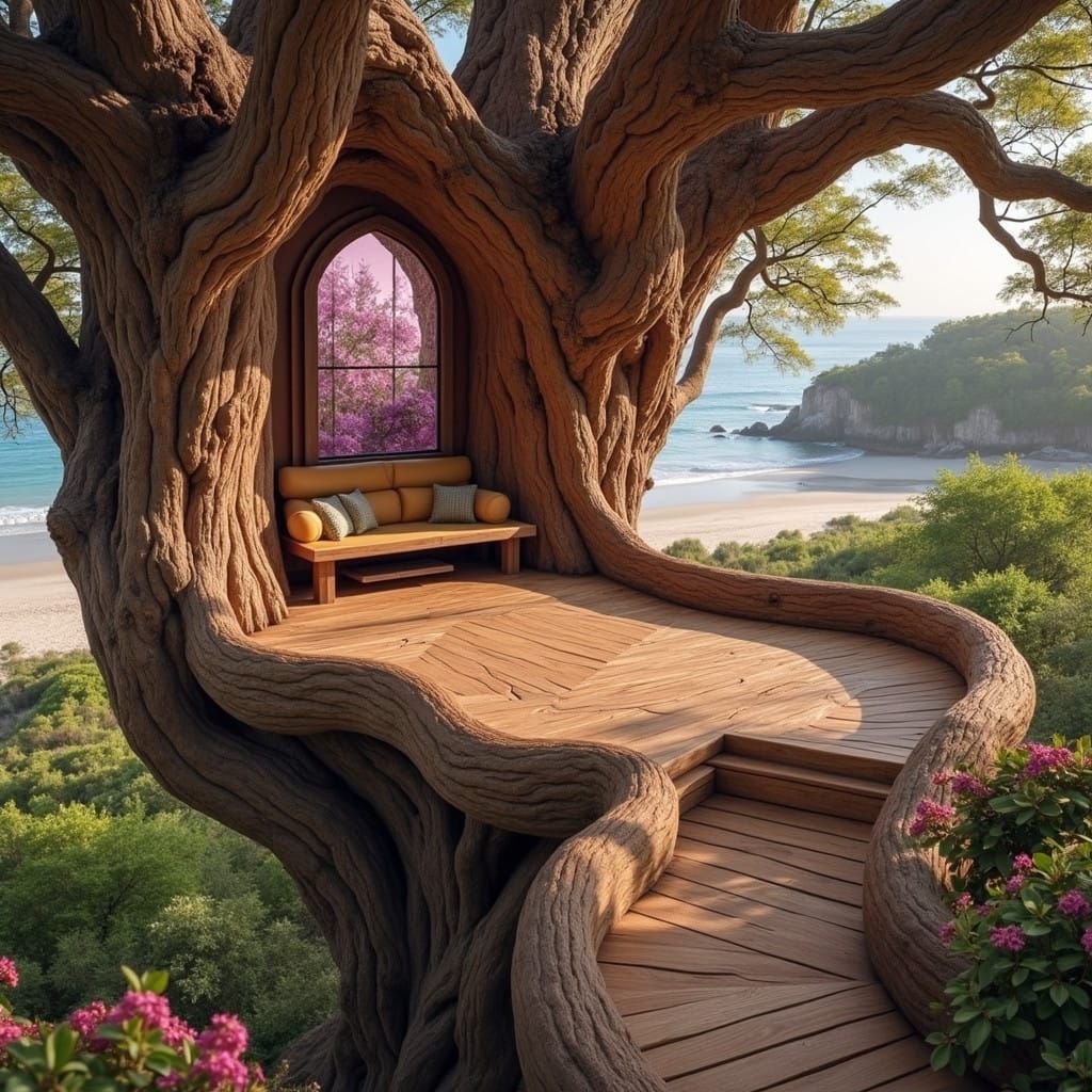 Whimsical Wooden Walkway in a Living Tree Branch