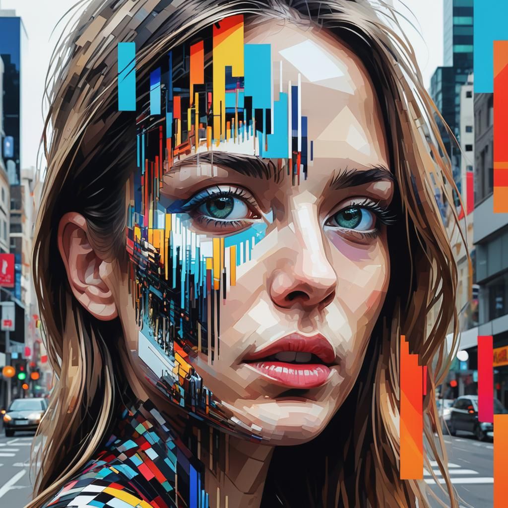 Glitch Art: Fragmented Portraits in Vibrant Cityscapes