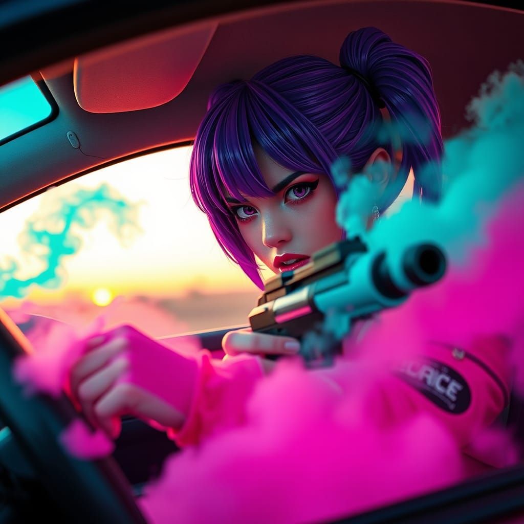 Fierce Cosplayer Drives Through Pastel Desert