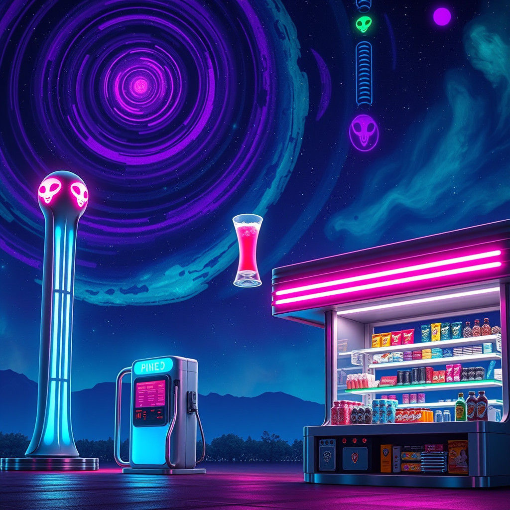 Futuristic Alien Gas Station at Night