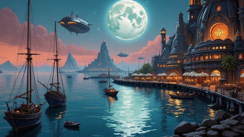 Futuristic Exoplanet Marina with Airships in Surreal Style