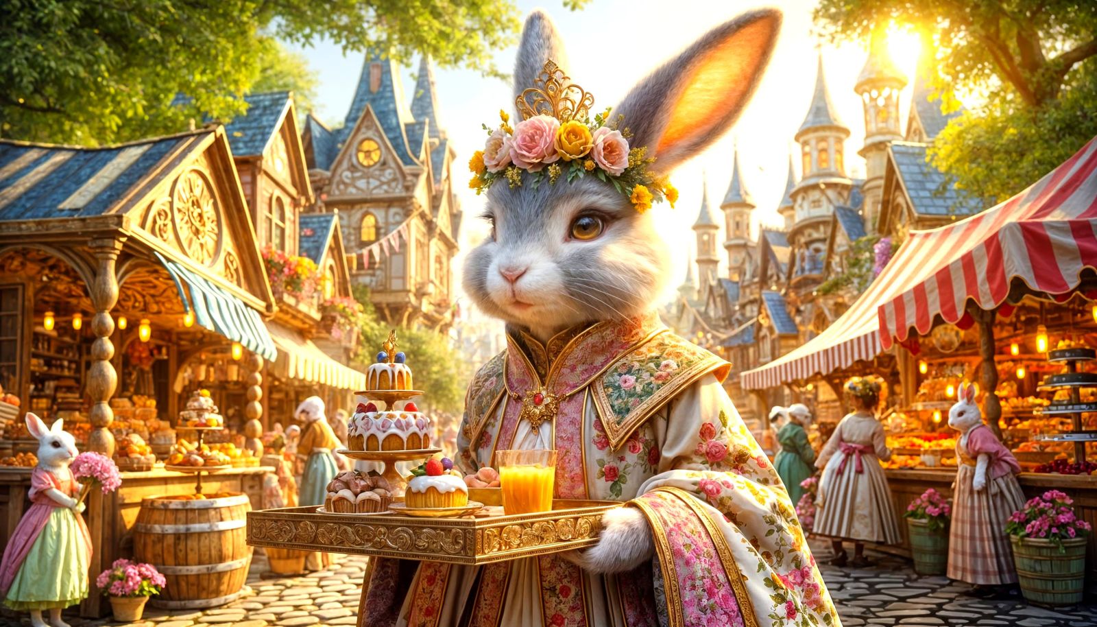 Elegant Rabbit Citizen in Whimsical Village Scene