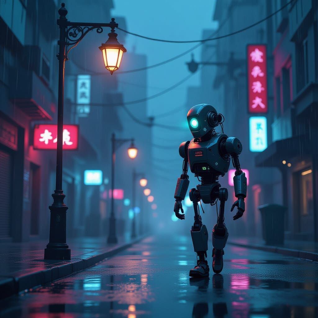 Cyberpunk Automaton in Neon City Street