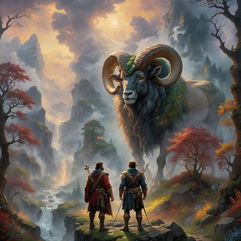 Brave Man Confronts Aries in Ethereal Fantasy