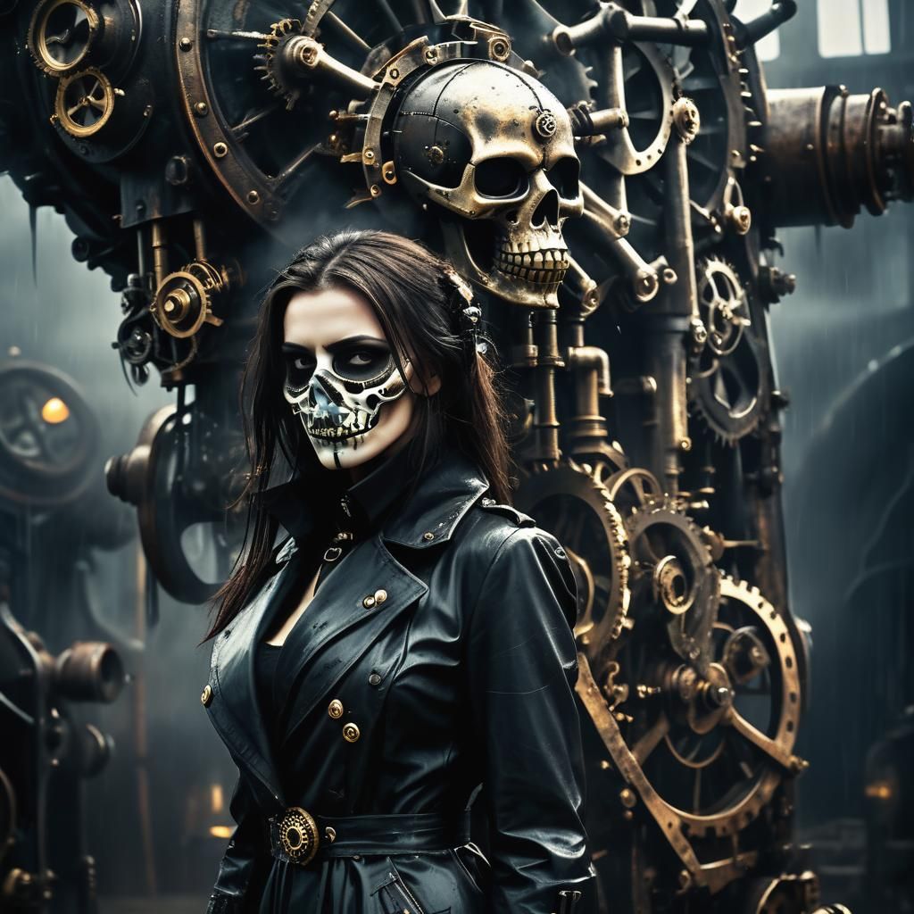 Steampunk Skull Mask Woman in Gothic Industrial Scene