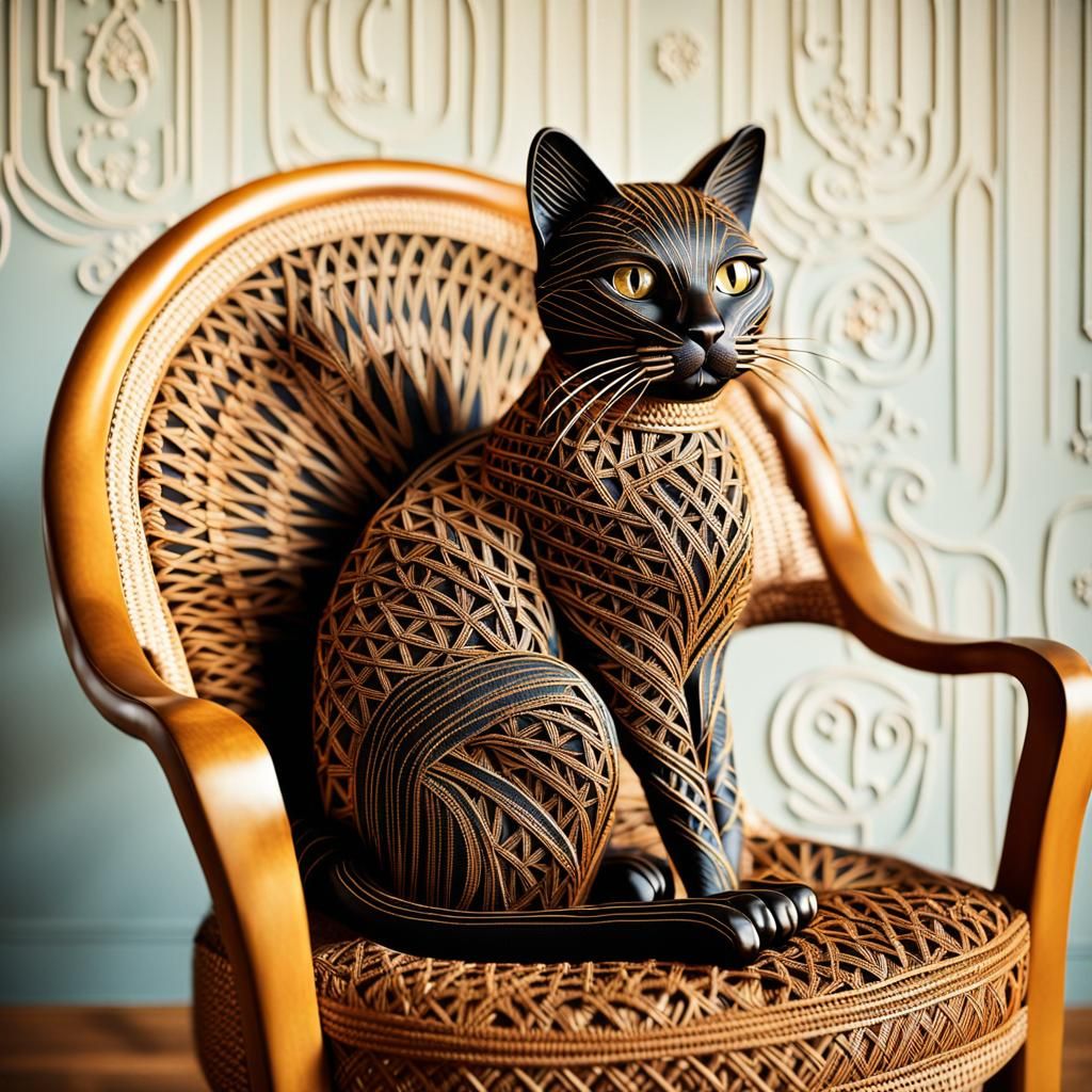Art Deco Wicker Cat on Armchair