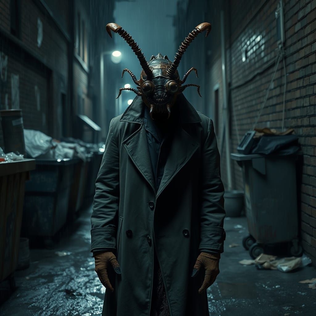 Grotesque Cockroach Mask in Dark Alleyway
