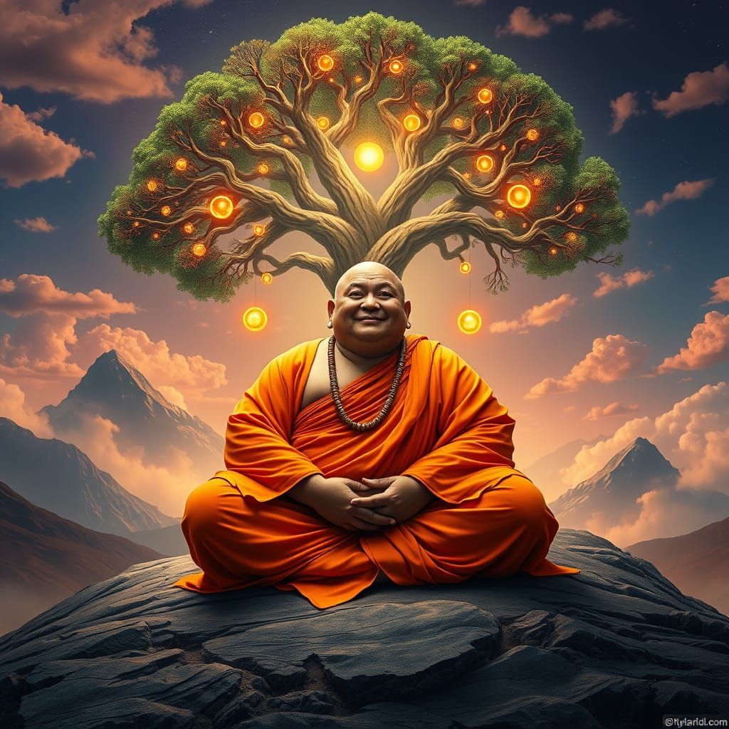 Buddhist Monk Meditates Under Psychedelic Tree of Life