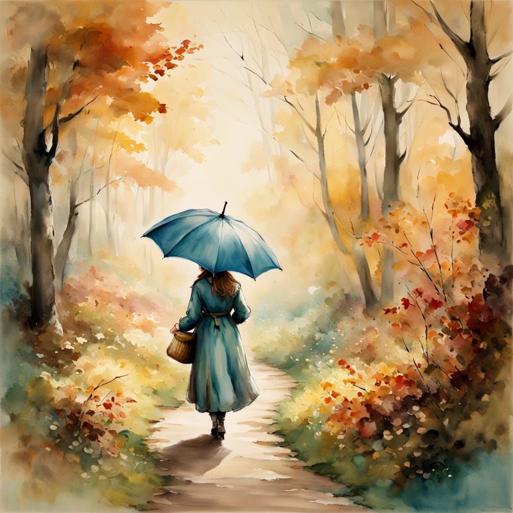 Dreamy Autumn Woodland Scene in Whimsical Watercolor Style