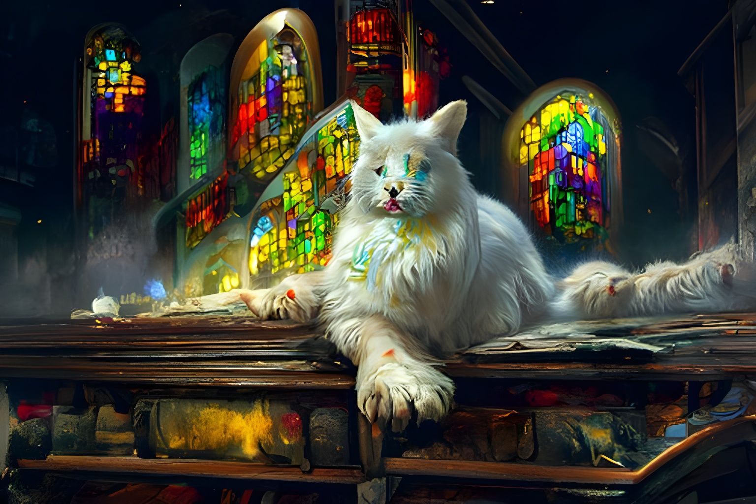 Hyperrealistic Church Cat with Stained Glass Background