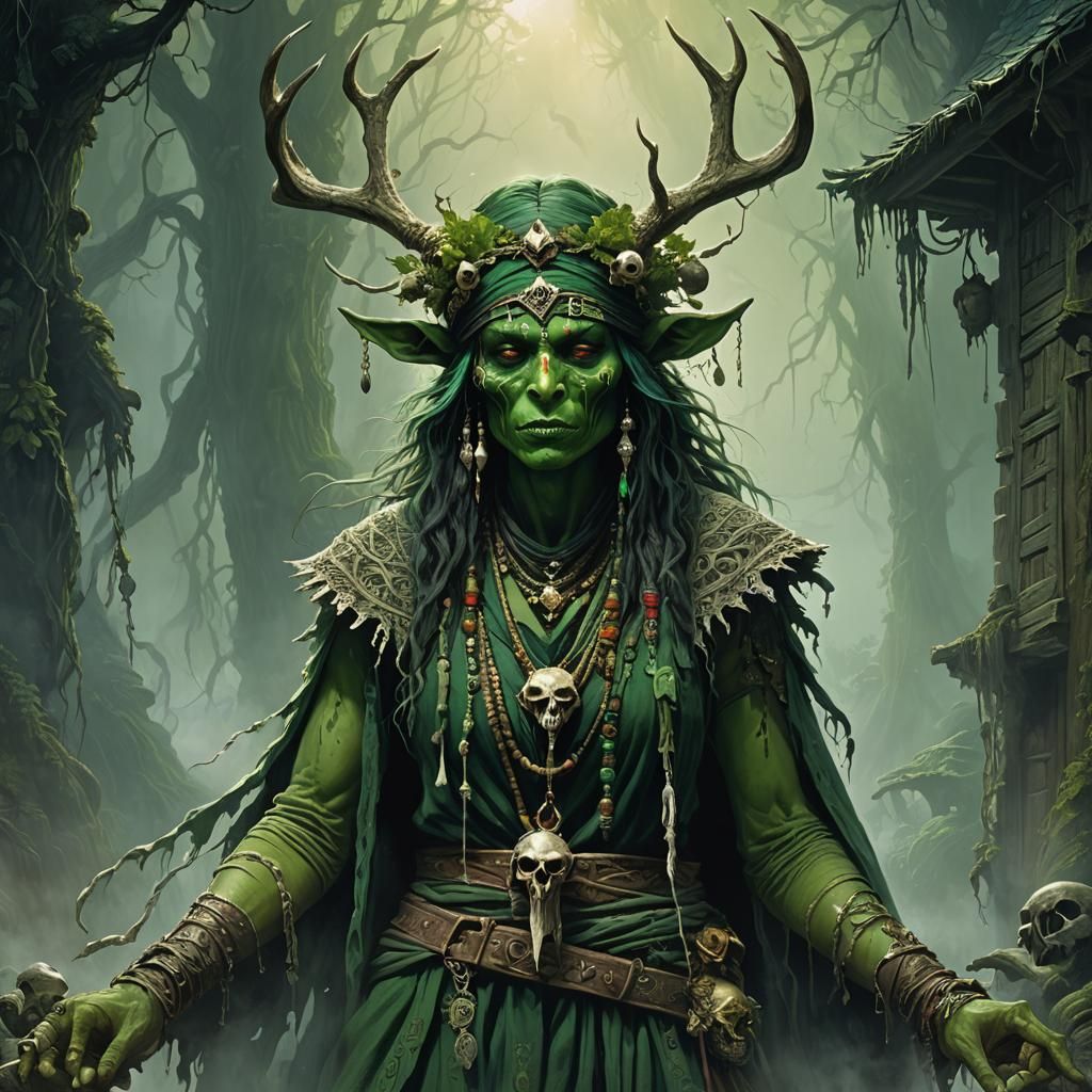 Pagan Hobgoblin Shaman in Engraving Style