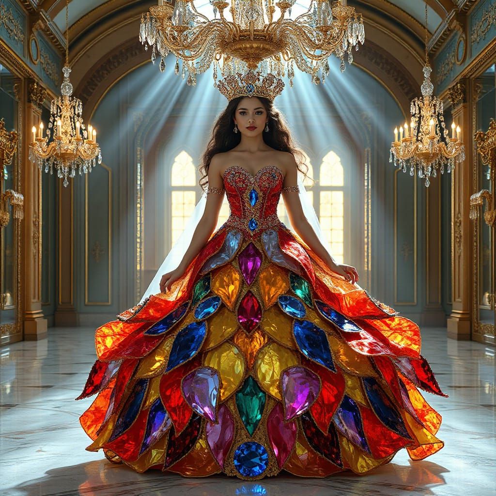 Regal Queen in Opulent Glass Gown, Fantasy Portrait