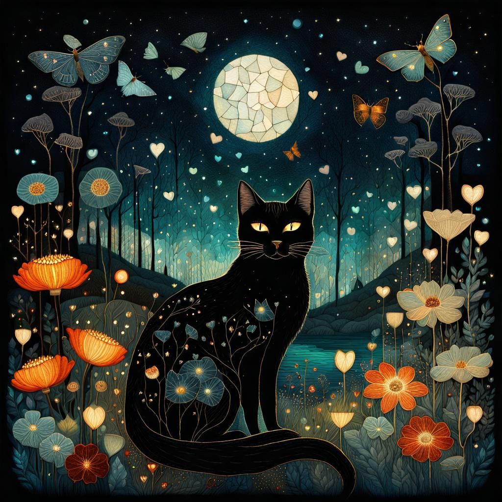 Ethereal Night Scene: Cats, Flowers, and Glowing Moths