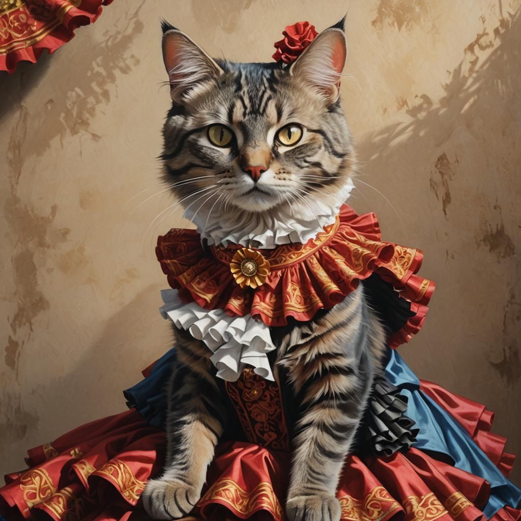 A hyperrealistic portrait of a cat dressed in a traditional Spanish flamenco outfit, complete with a ruffled dress and a...
