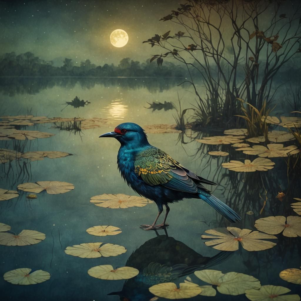 Exotic Bird in Pond at Night: Mixed Media Art