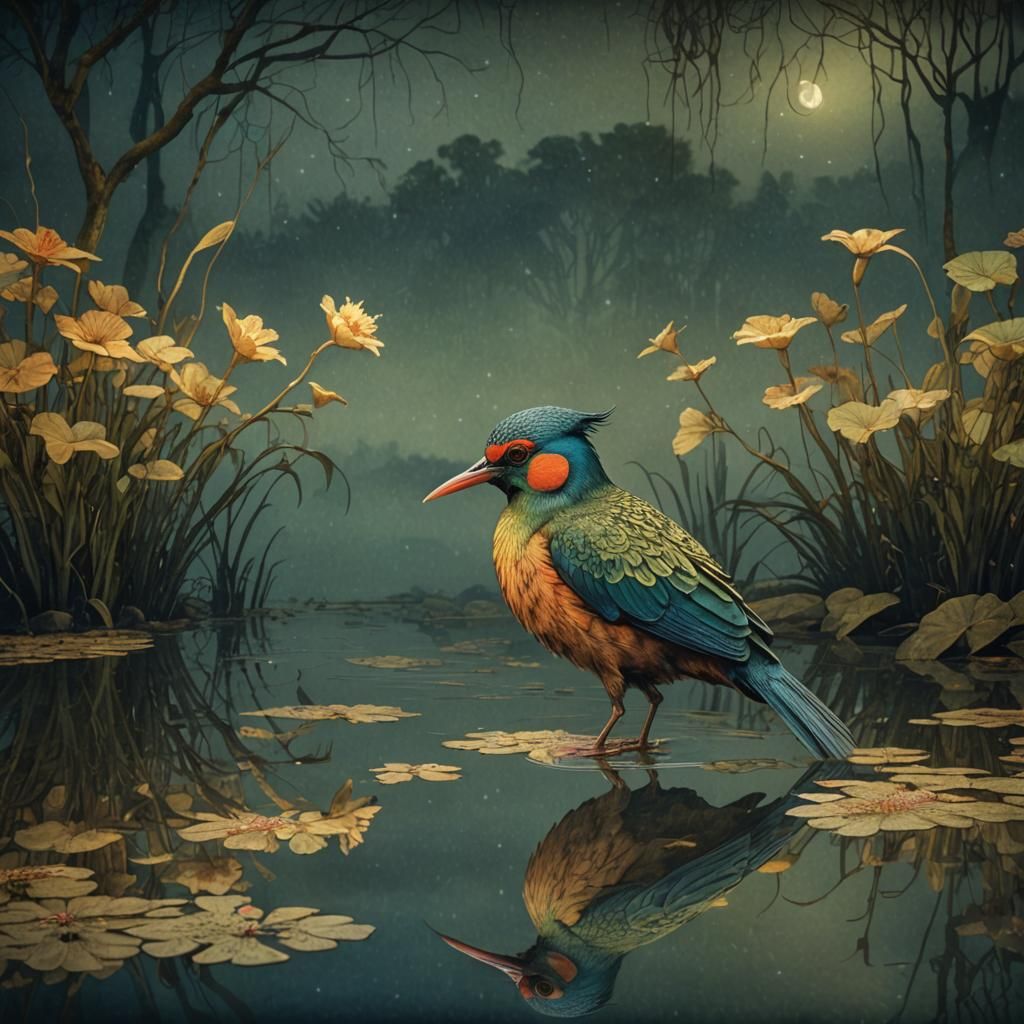 Exotic Bird in Pond: Calligraphic 3D Mixed Media