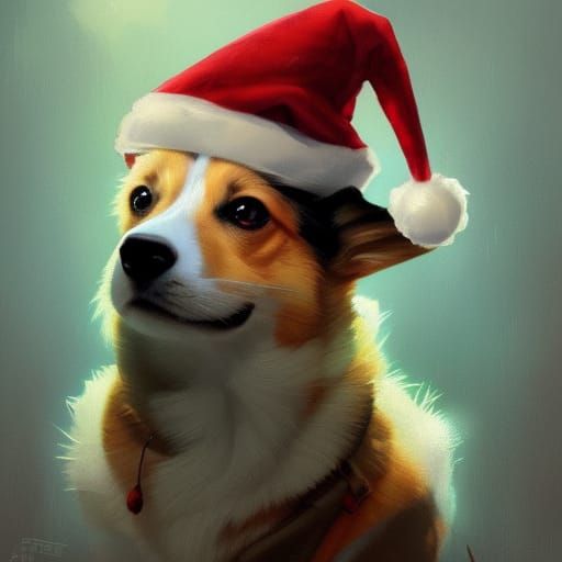 Corgi in Christmas Hat: Detailed Portrait