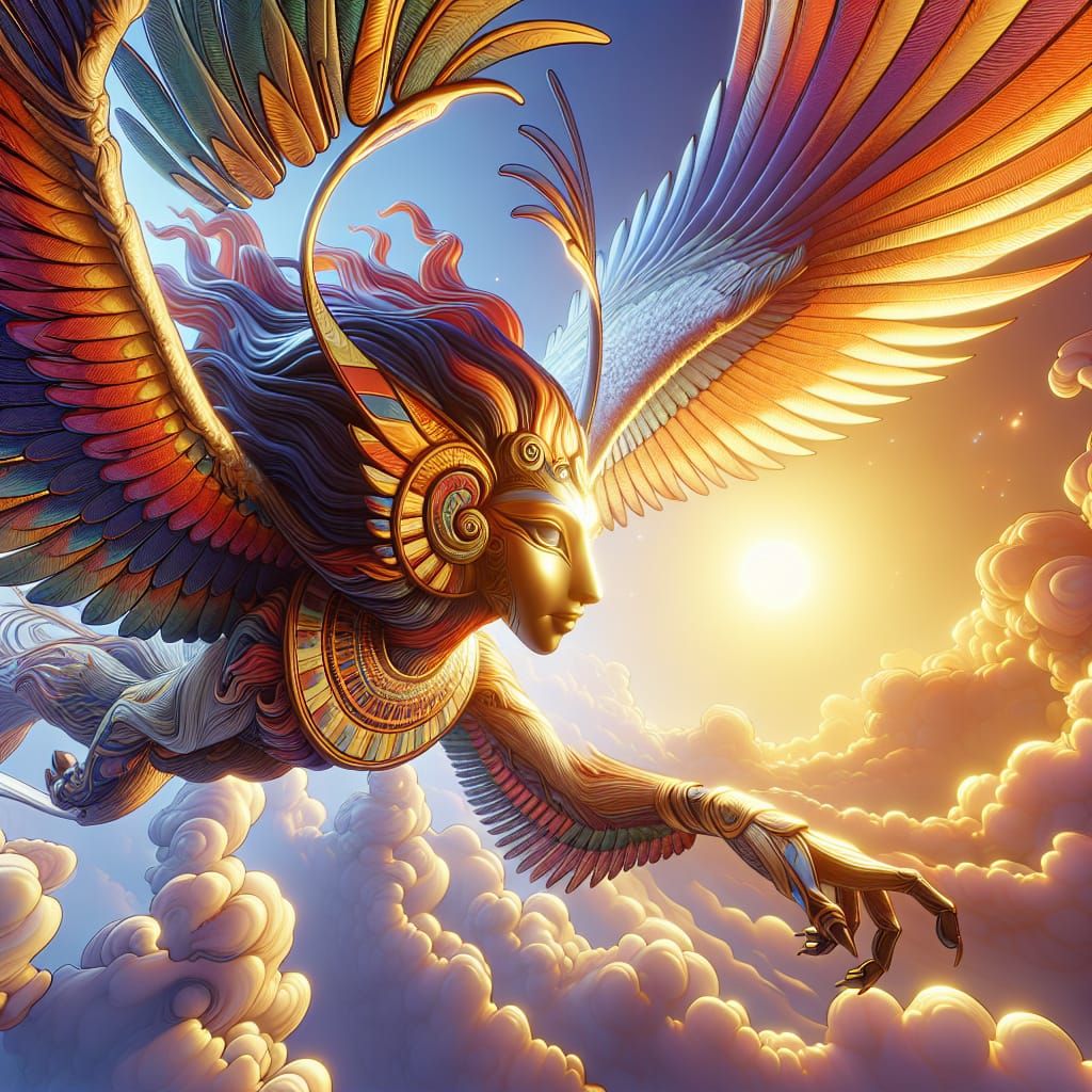 Egyptian Sphinx Flying Against the Sun: Cartoon Oil Painting