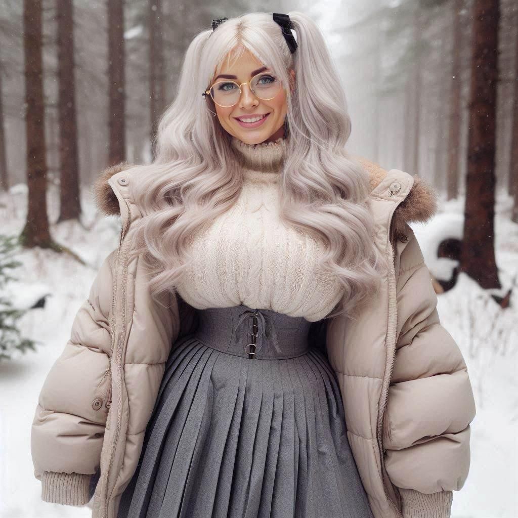 Stylish Woman in Snowstorm Forest