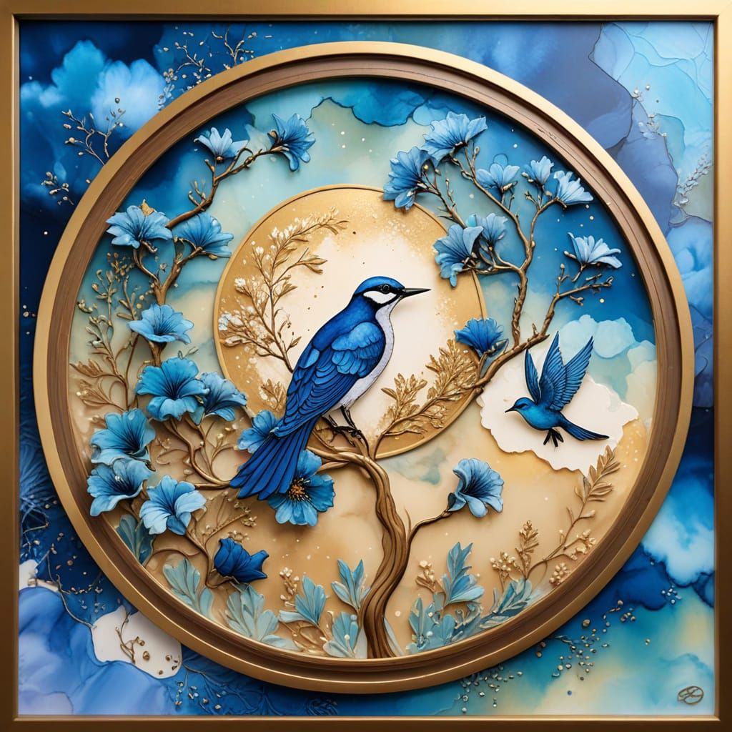 Alcohol Ink Art: Clouds, Lilies, Tree, and Bird in Gold Fram...