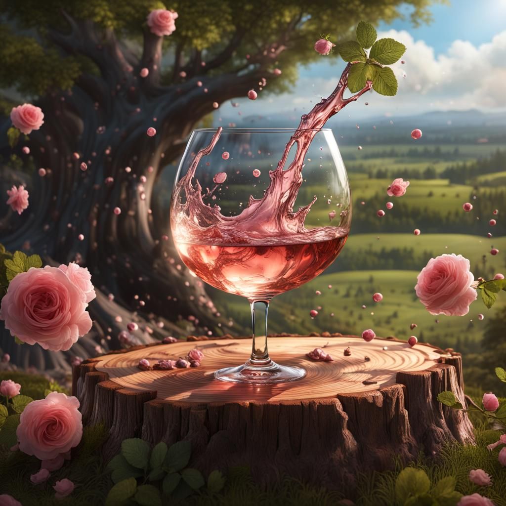 rosé wine in a transparent glass that spills over a tree stump and creates splashes all over the place, with a countrysi...