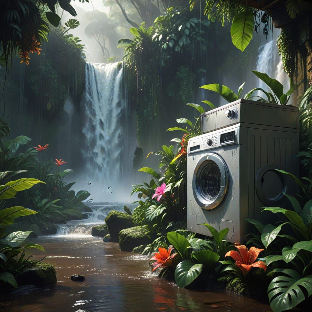 Washing Machine Under Amazon Waterfall in Splash Art Style