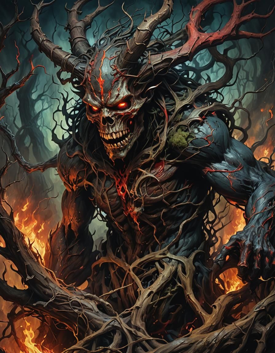 Hell Demon Entwined in Roots: Dark Fantasy Art