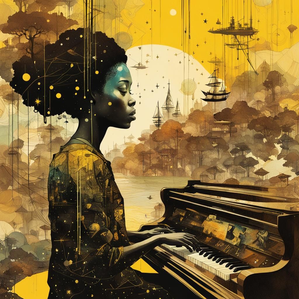 Galaxy World: Girl Playing Piano in Maximalist Style