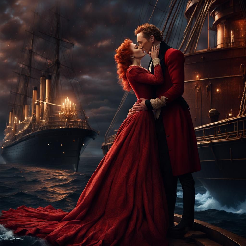 Actors Kissing on Ship: Matte Painting Style