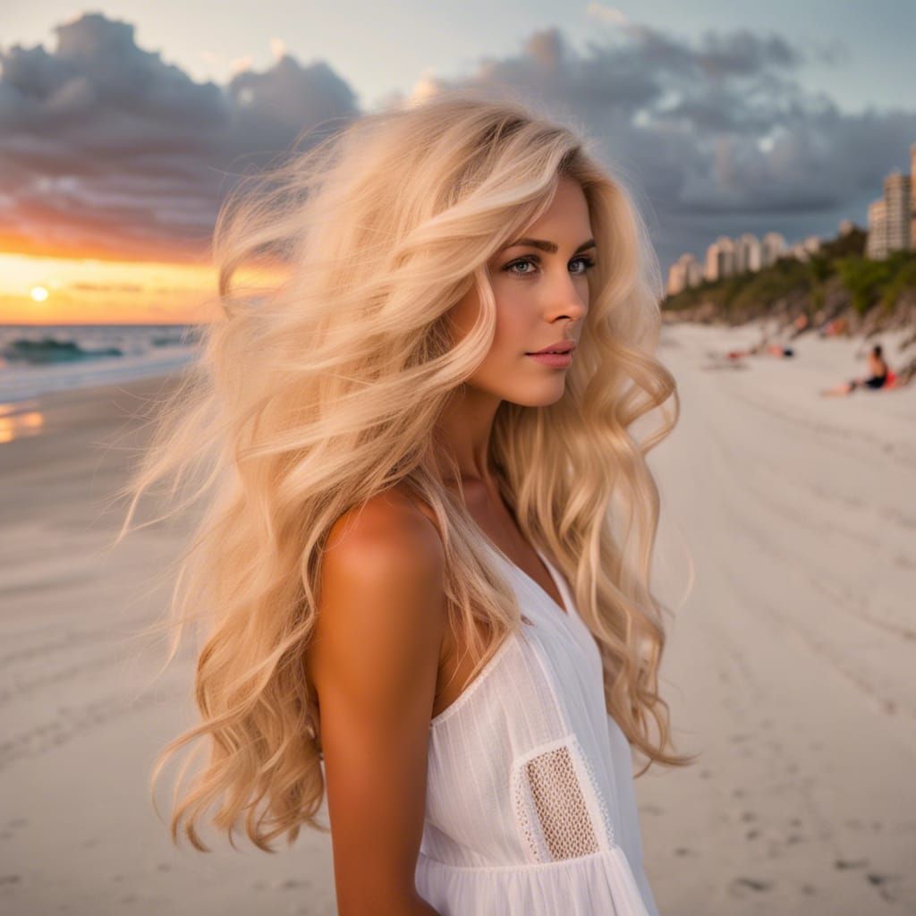 Beautiful Woman with White Hair at Sunset