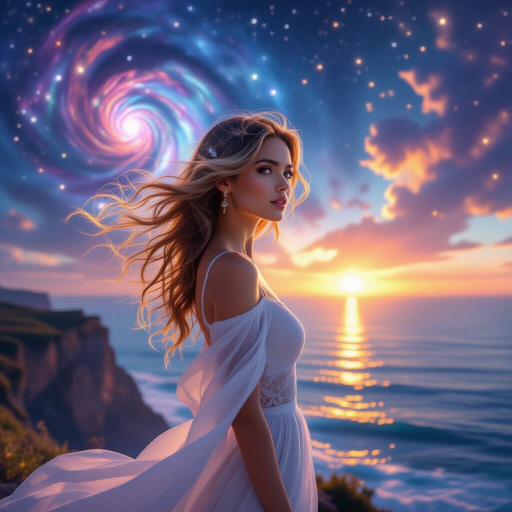 Starlight Woman on Cosmic Cliff Overlooking Nebulae