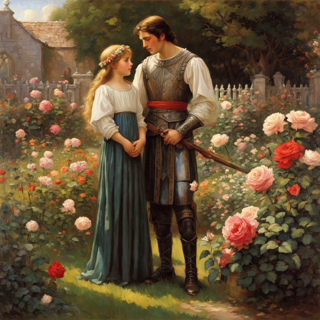 Medieval Family in Rose Garden, Waterhouse Style