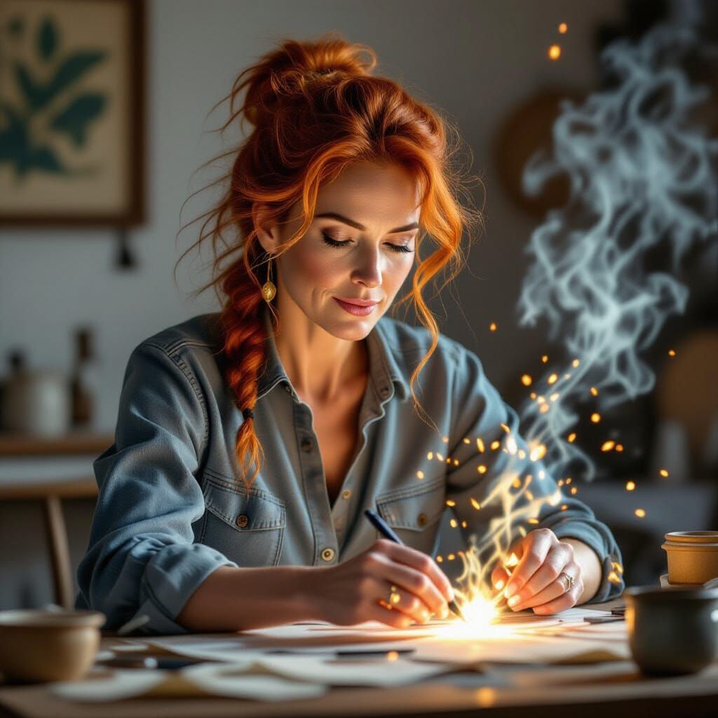 Powerful Red-Haired Woman in Act of Creation