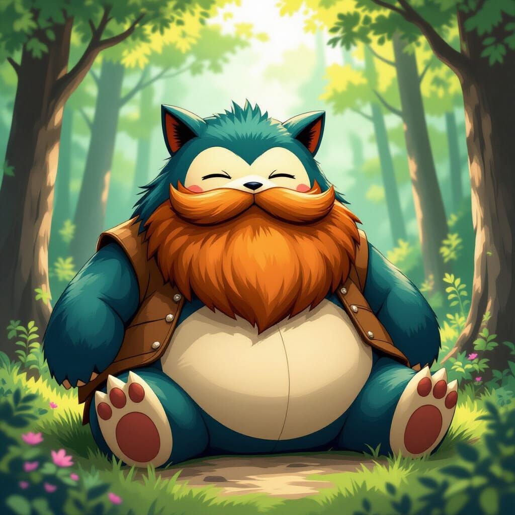 Bearded Snorlax in Forest, Digital Artwork
