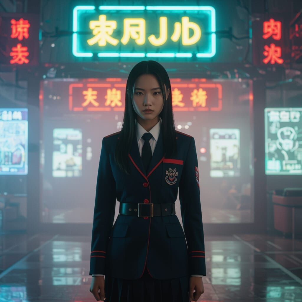 Cyberpunk Schoolgirl Stands Defiant in Neon Dojo