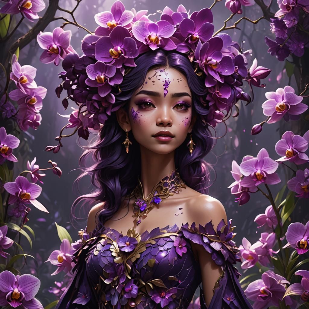 Luminescent Orchid Fairy Portrait in Deep Purple Hues