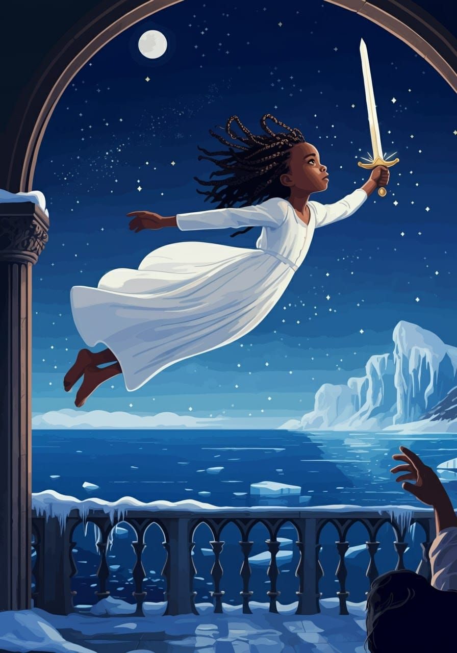 Soaring Black Girl with Sword in Digital Vector Art