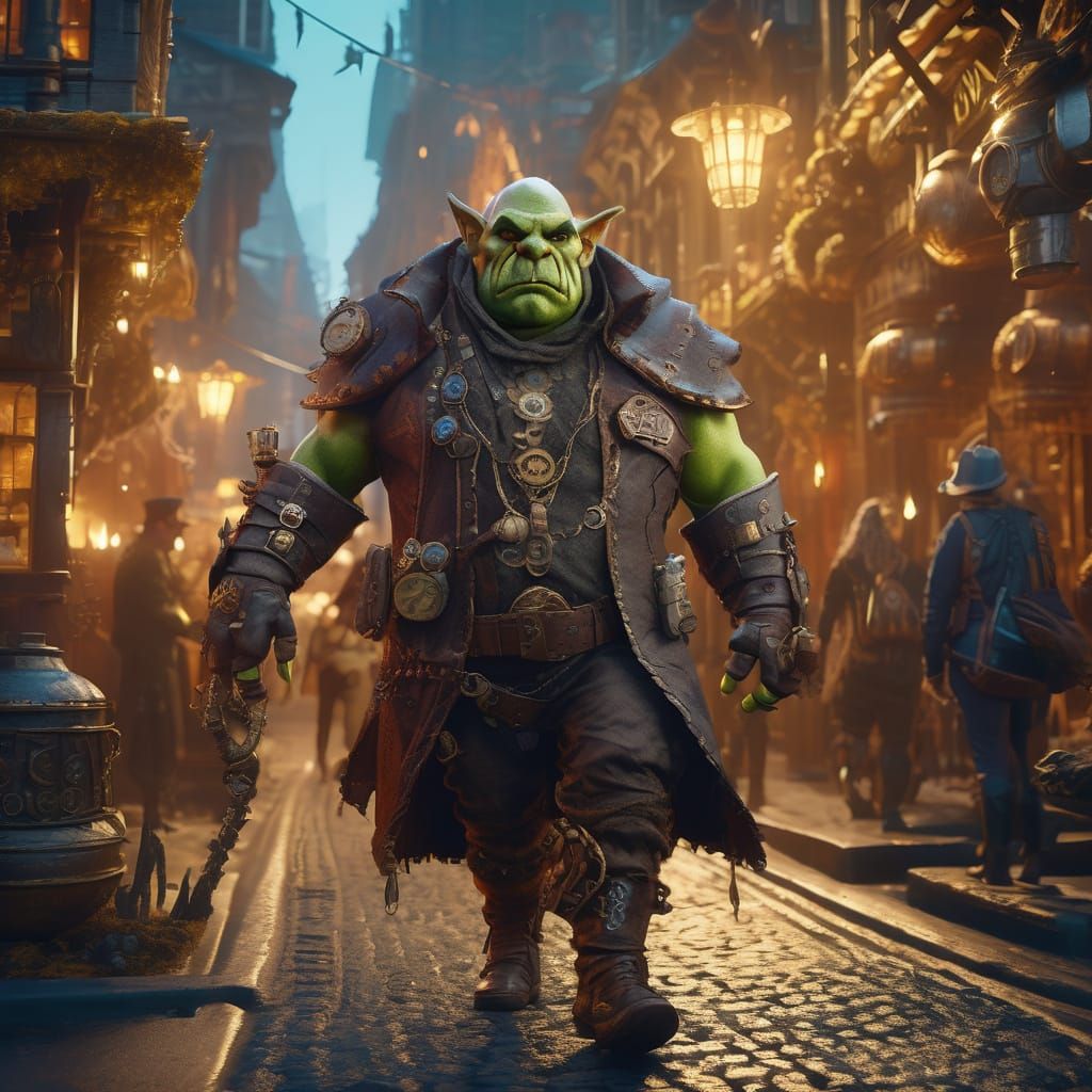 Steampunk Orc in Magical City - Fantasy Concept Art