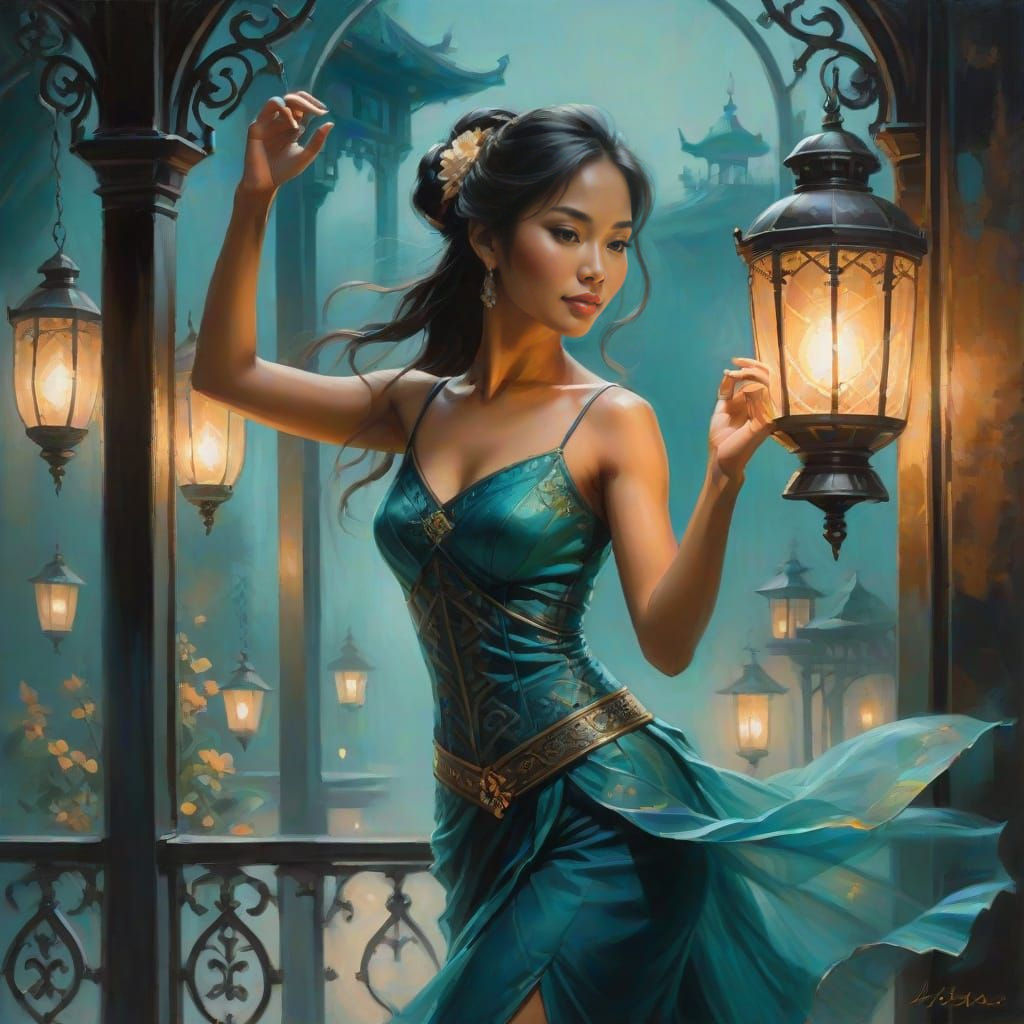 Filipina Goddess Dancing with Lantern: Oil Painting