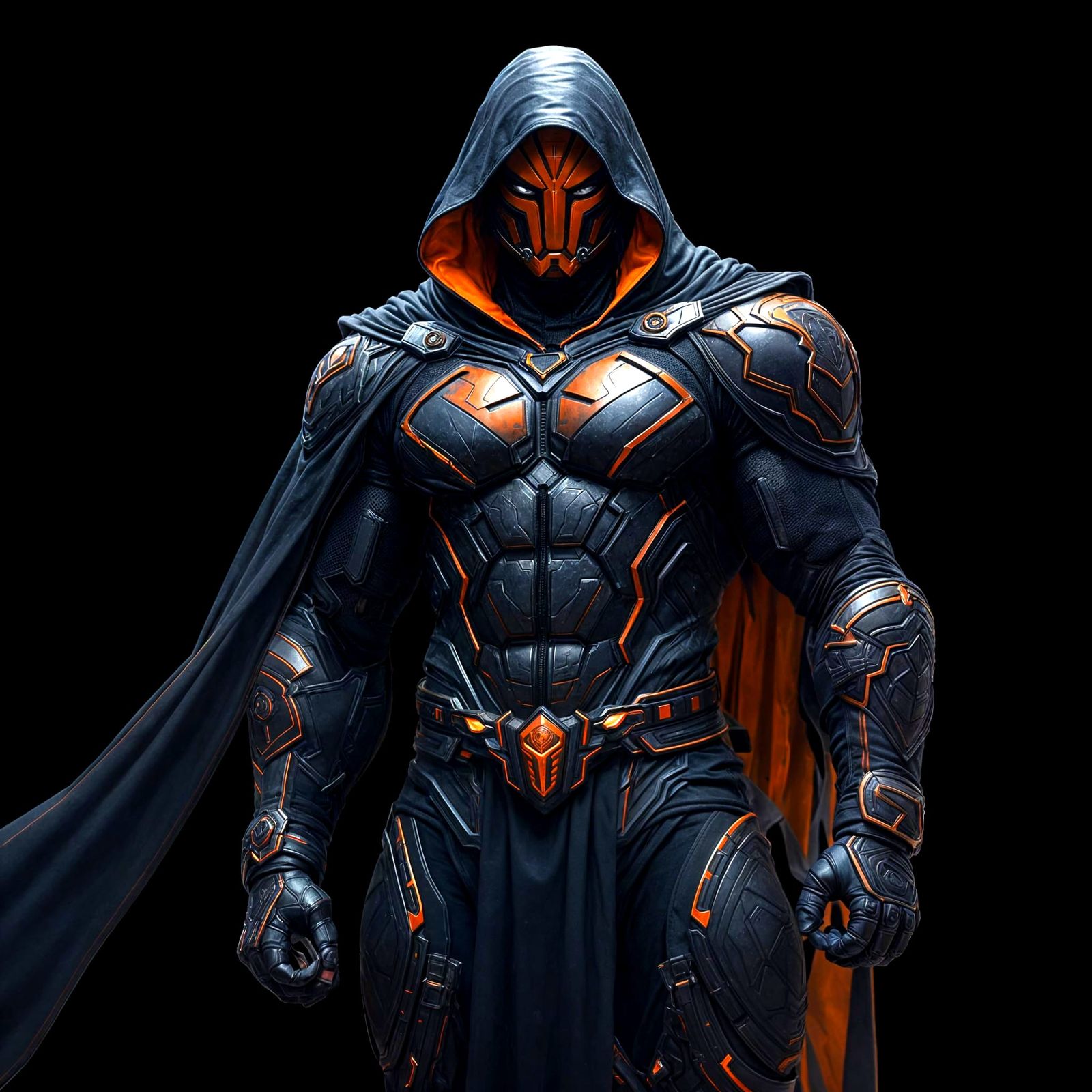 Muscular Superhero in Modern Armor with Orange and Purple Ac...