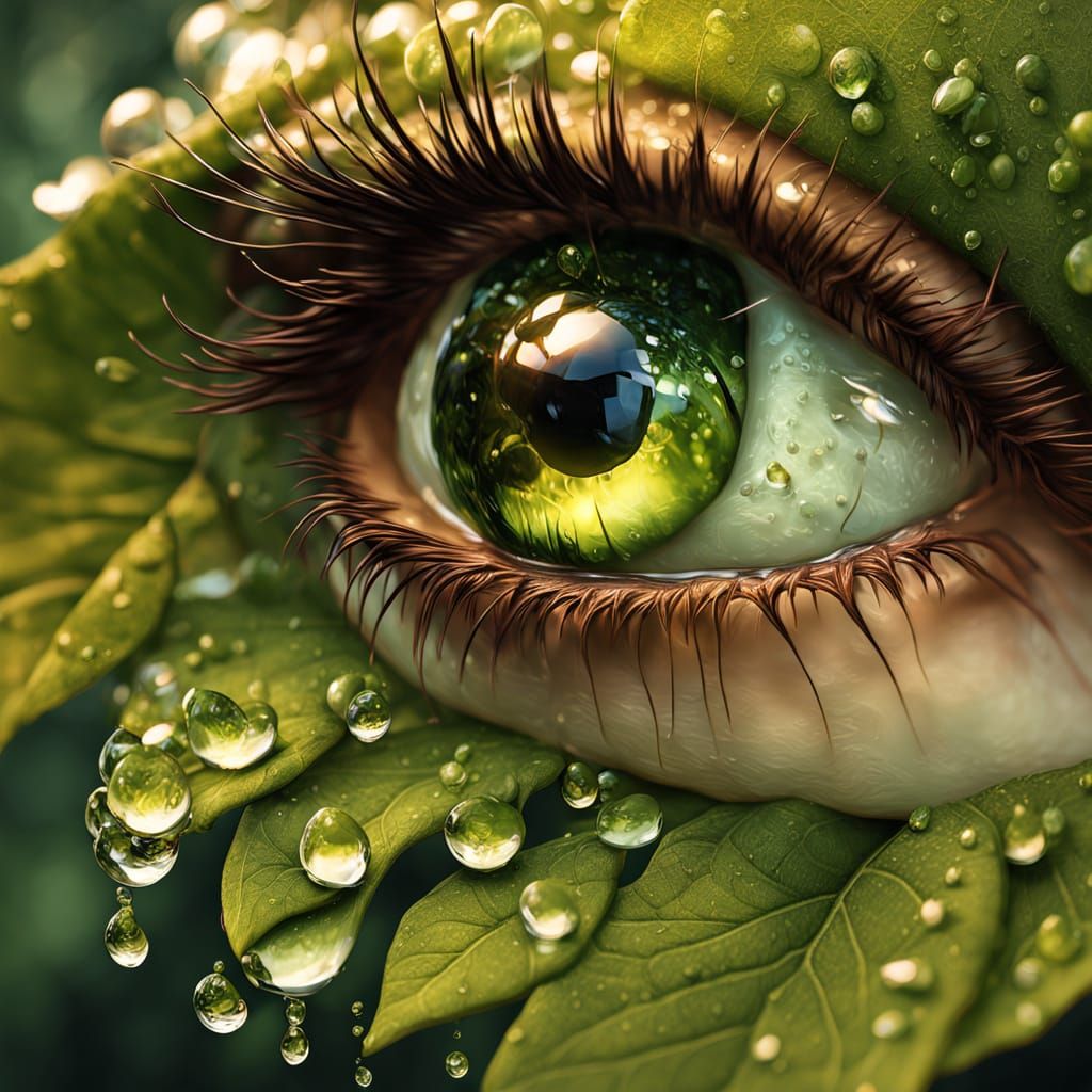 Macro Dewdrop Reflection on Green Leaf, Golden Hour