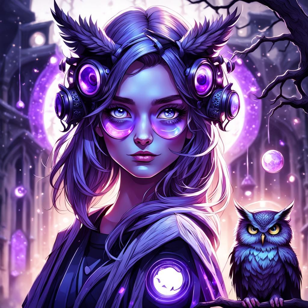 Shy Girl with Owl Ears and Ultraviolet Eyes