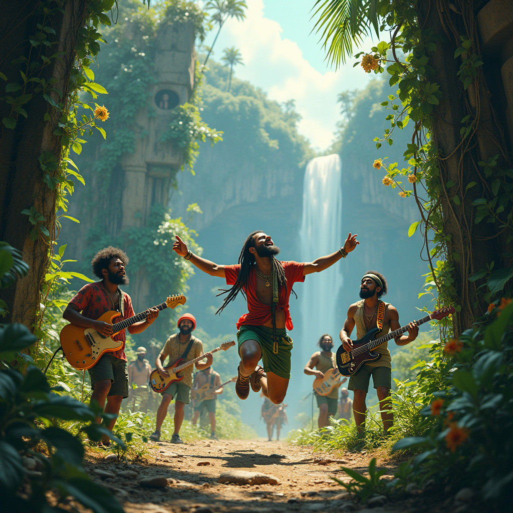 Energetic Reggae Band Performance in Dreamlike Setting