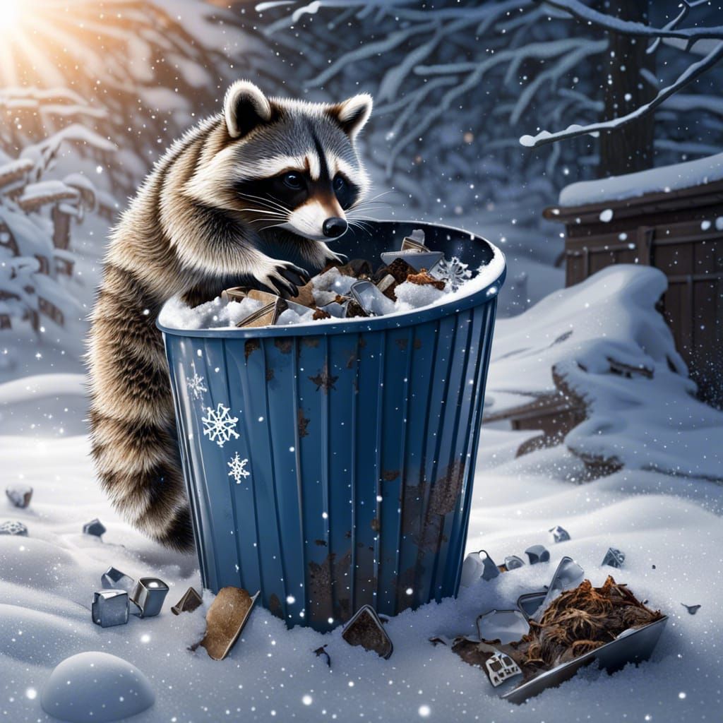 Raccoon Digging Through Garbage in Winter Wonderland