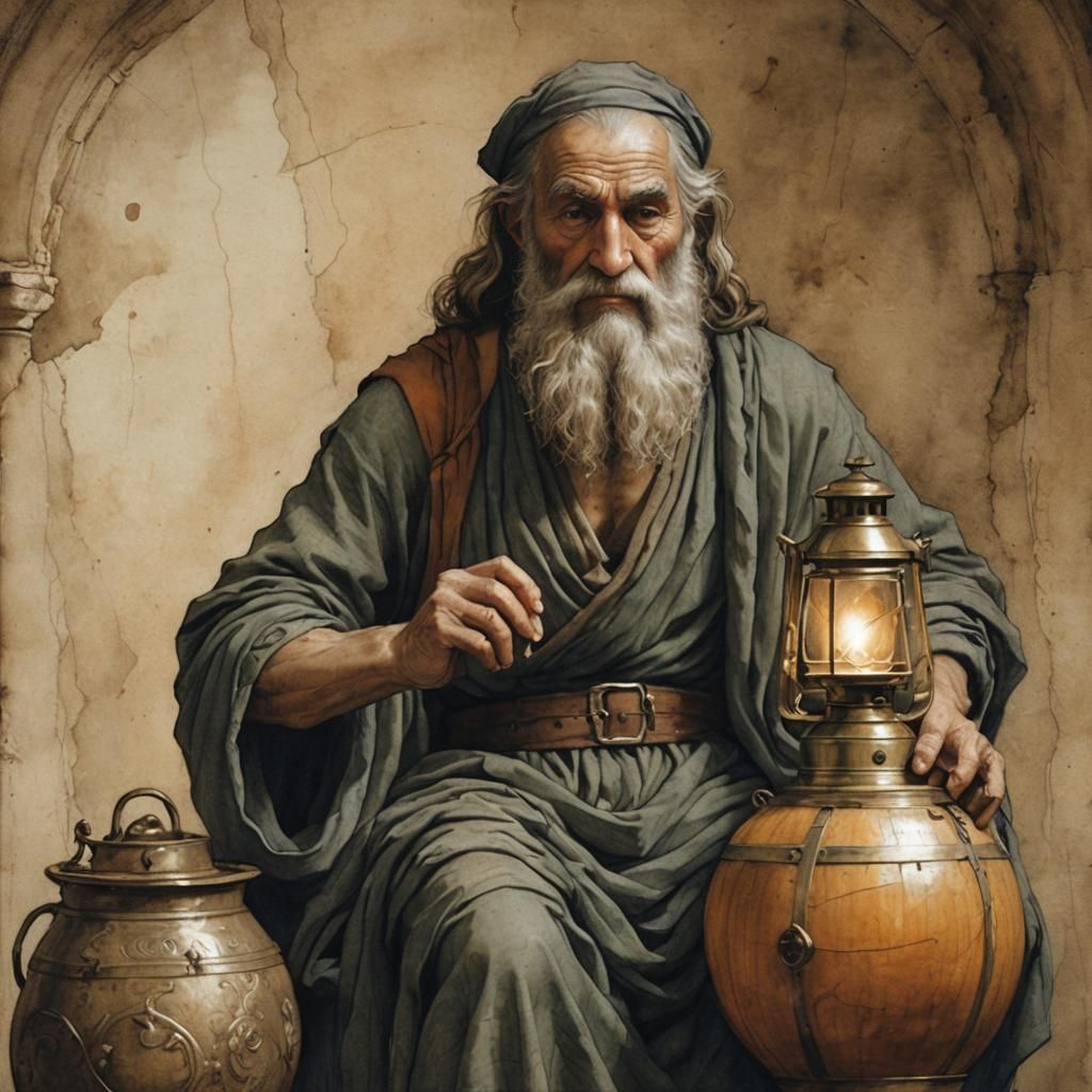 Diogenes in a Jar: Chiaroscuro Watercolor Masterpiece