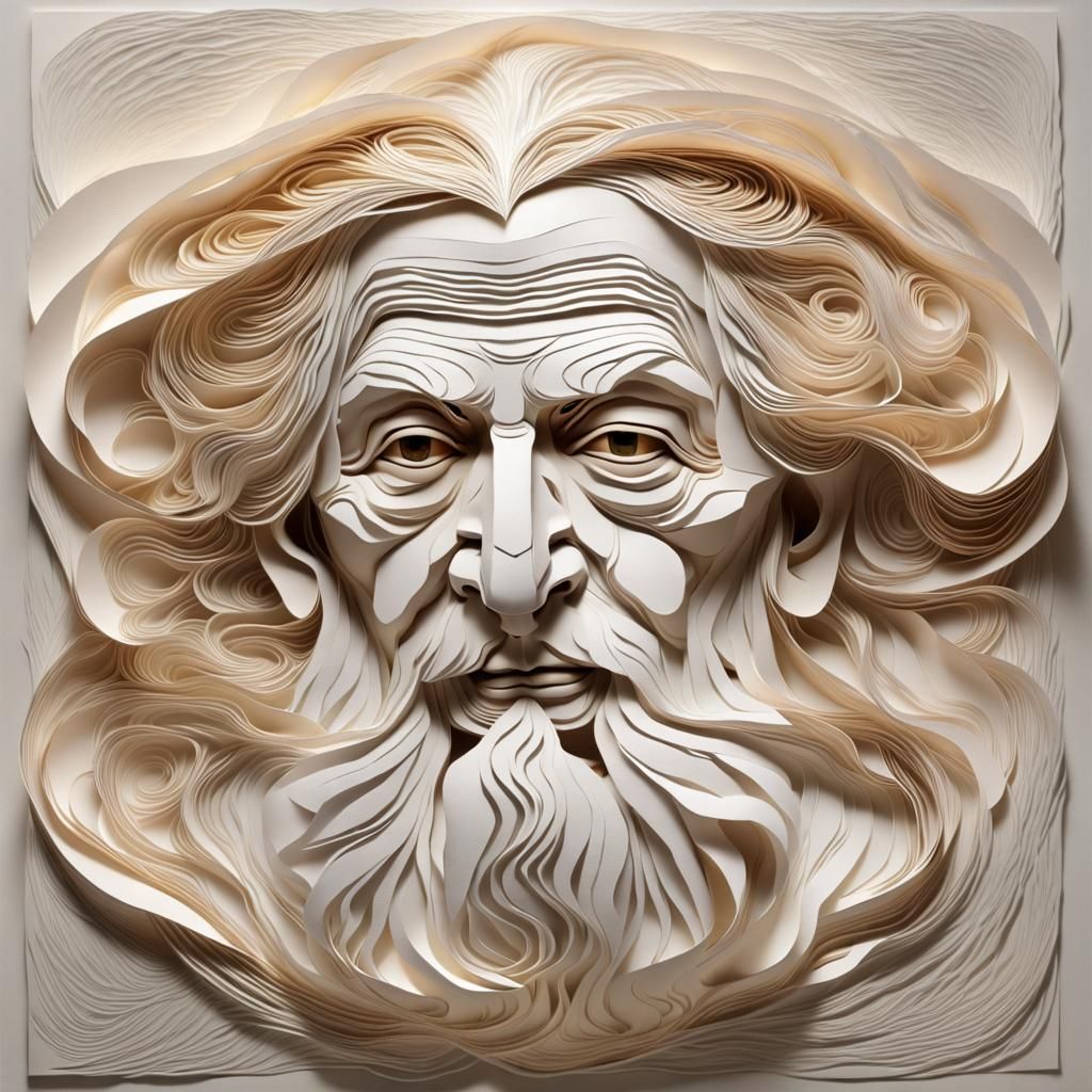 Paper Portrait of Wise Old Man, Hyperdetailed Art
