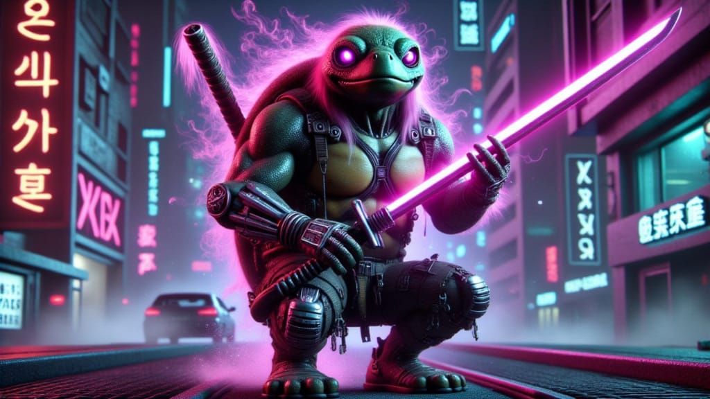 Cyberpunk Cyborg Turtle Ninja with Glowing Katana