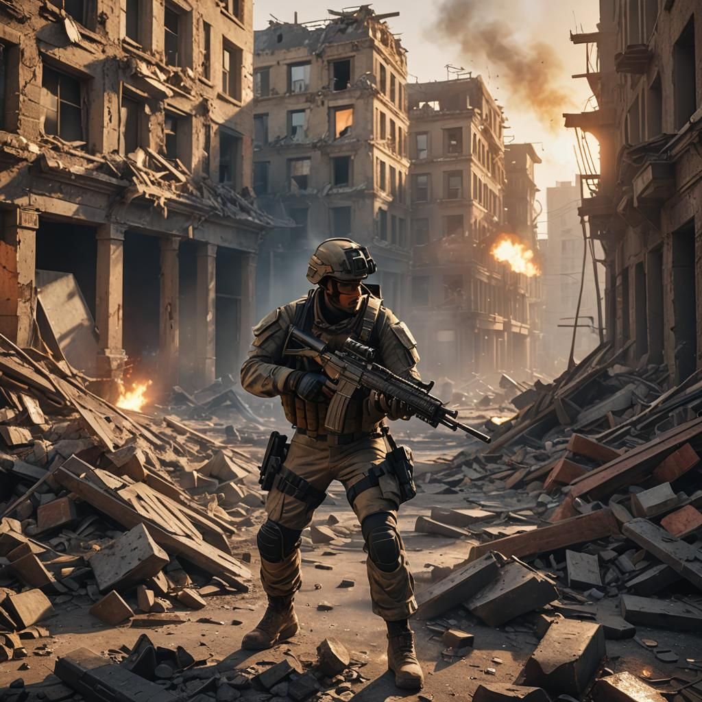 Soldier in Ruined Cityscape: 3D Game Cinematic