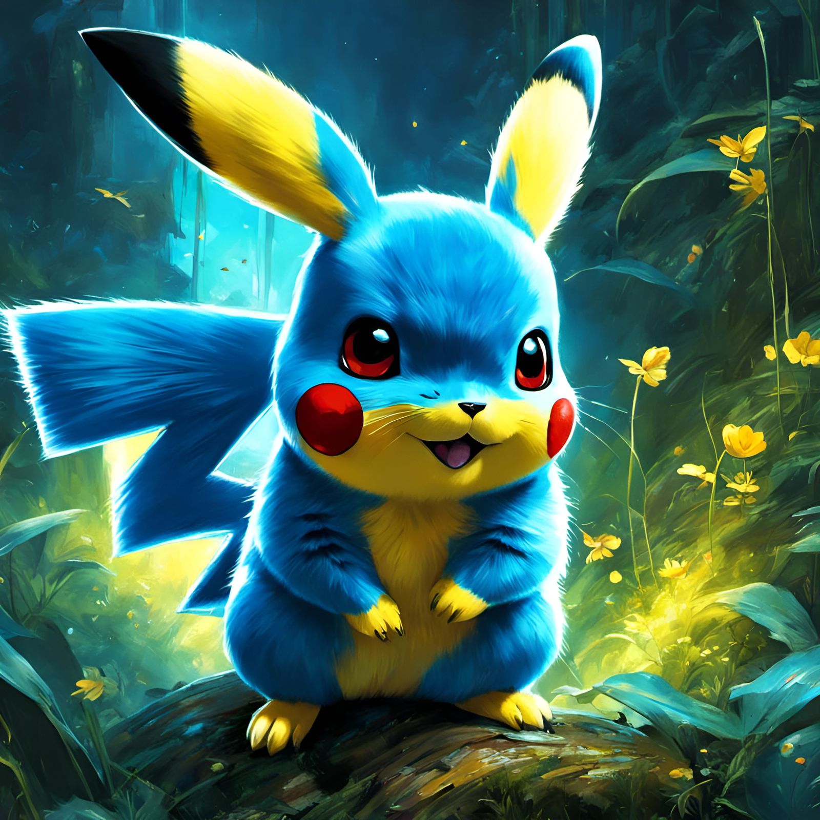 Adorable Blue Pikachu Portrait in Fantasy Style
