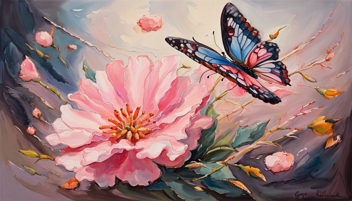 Butterflies Soaring to Pink Flower: Gouache Glass Painting